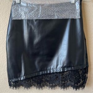 NWT Black leather skirt with lace A-line trim